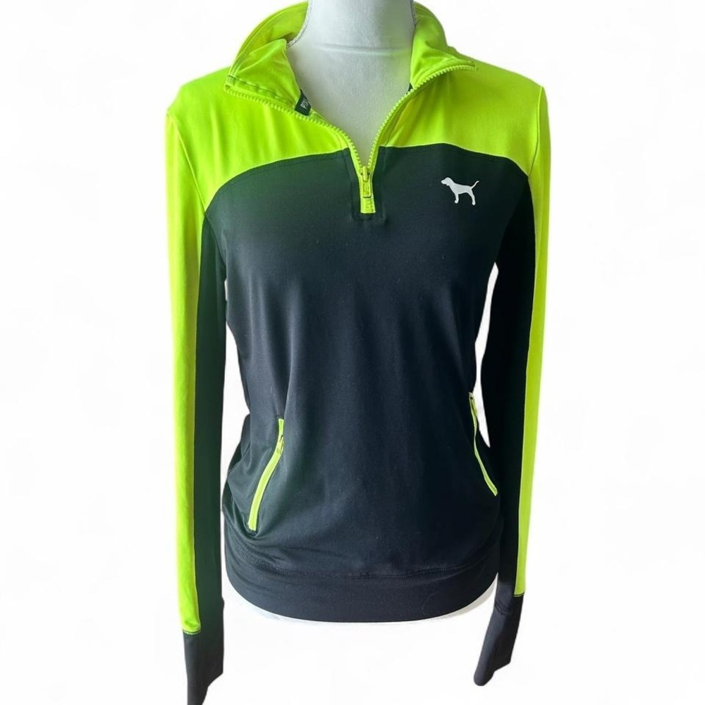 Womens XS Neon Green/Black PINK Victoria Secret‎ 1/4 zip pull over EUC